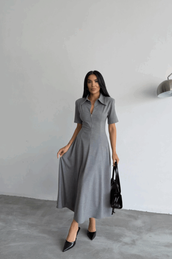 POLYVİSKON ELBİSE KISA KOL YAKA VE FERMUAR DETAYLI - Gri