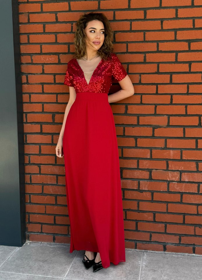 Kadın Kısa Kollu Derin V Yakalı A Kesim Pulpayet Detaylı şifon Nedime Elbisesi - Görsel 3