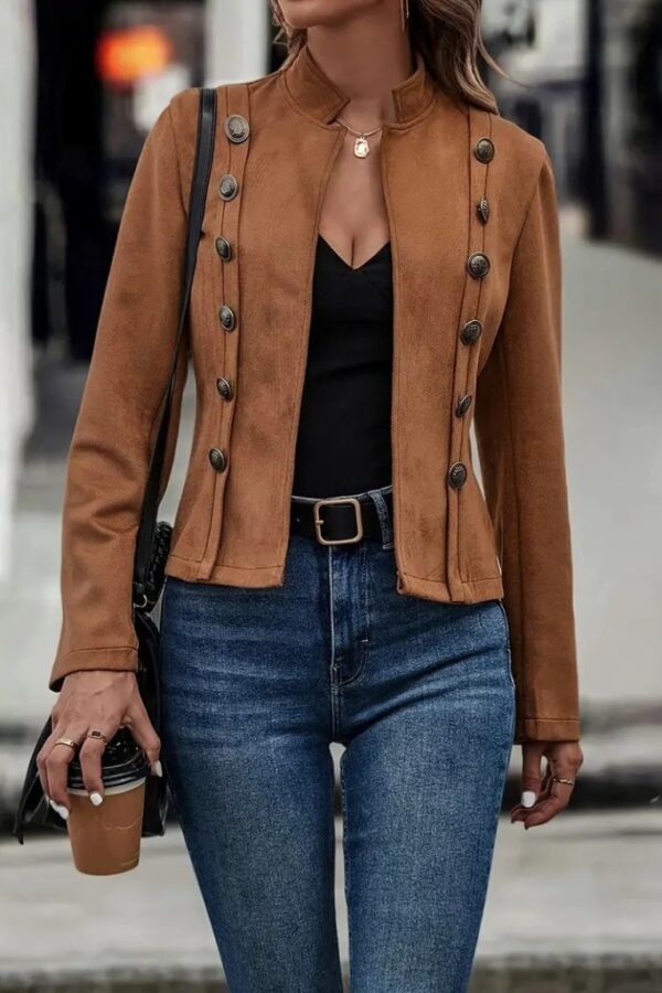 Kadın Uzun Kollu Hakim Yaka Yanlardan Düğmeli Kısa Süet Ceket