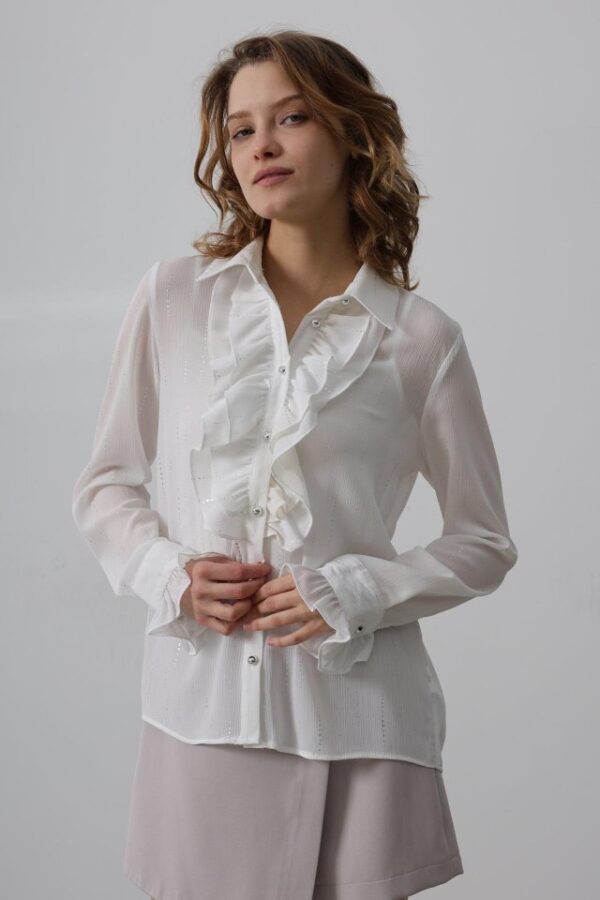 Fırfır Yakalı Şifon Gömlek - Beyaz