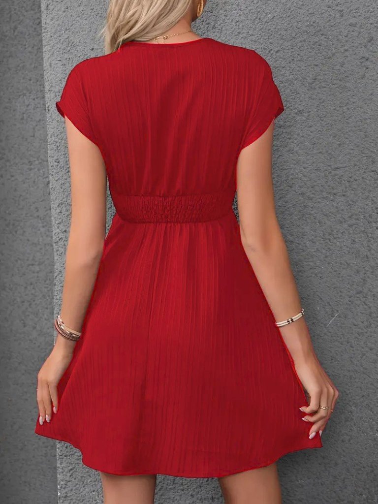 Kadın Kısa Kollu Kruvaze Yakalı Beli Lastikli Bürümcük Elbise - Görsel 7