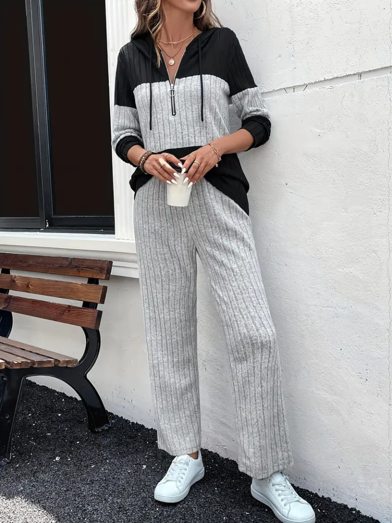 Kadın Uzun Kollu Kapşonlu önden Fermuarlı şardonlu Kaşkorse Bluz Ve Pantolon - Görsel 2