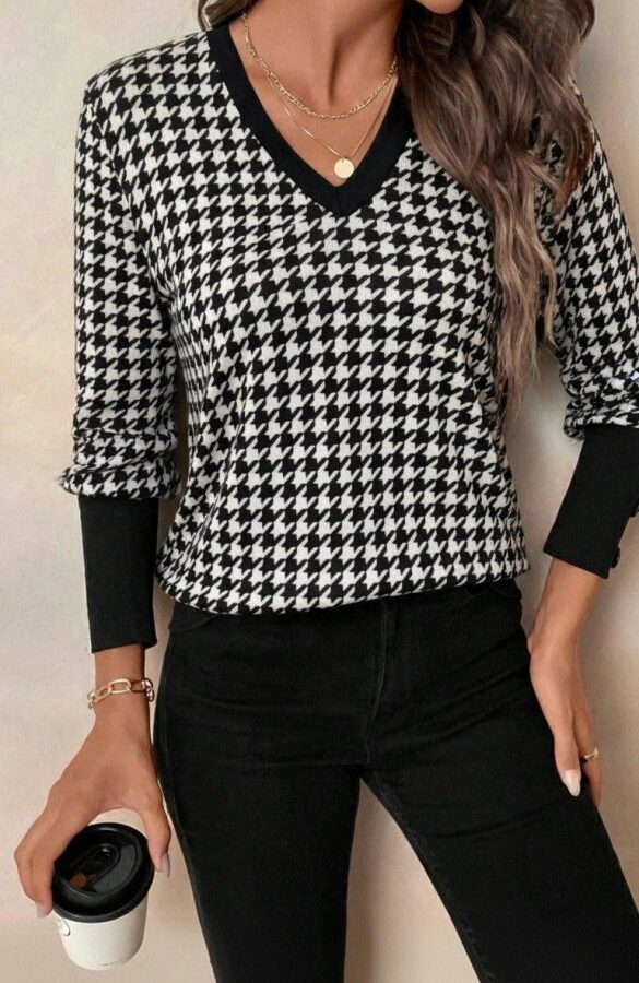 Kadın Uzun Kollu V Yakalı Desenli Süprem Bluz