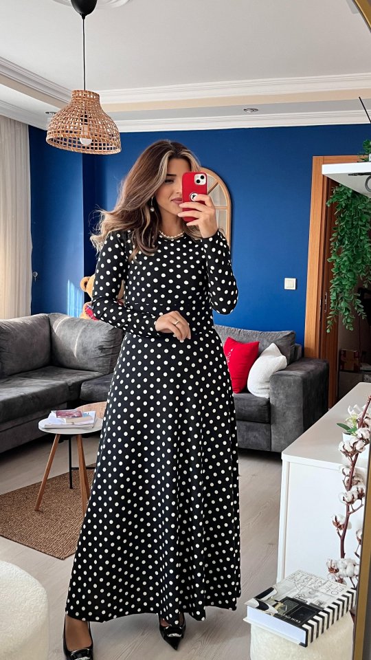 Kadın Krep Kumaş Uzun Kollu Tam Boy Puantiyeli Elbise 132 Cm - Görsel 3