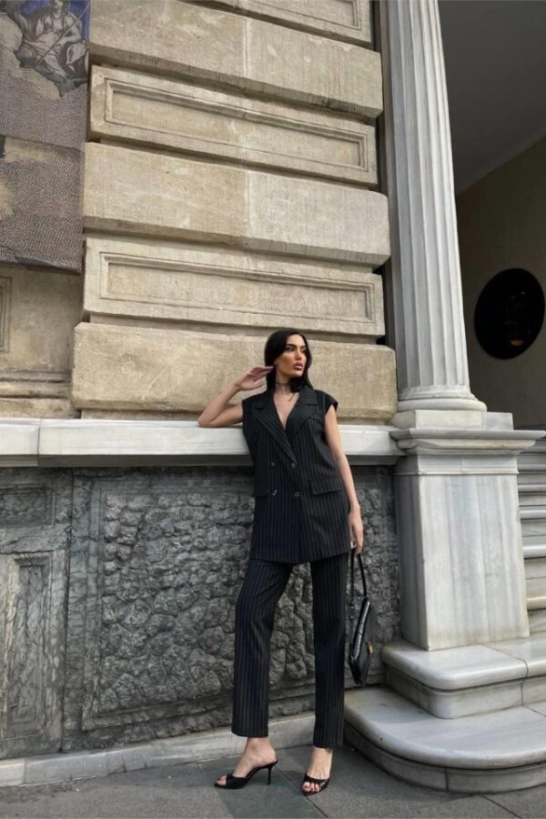 ÇİZGİLİ UZUN YELEK - PANTOLON TAKIM POLVİSCON - Kahverengi