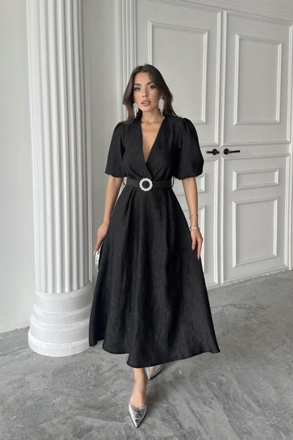 Siyah Işıltılı Kemerli Kruvaze Elbise