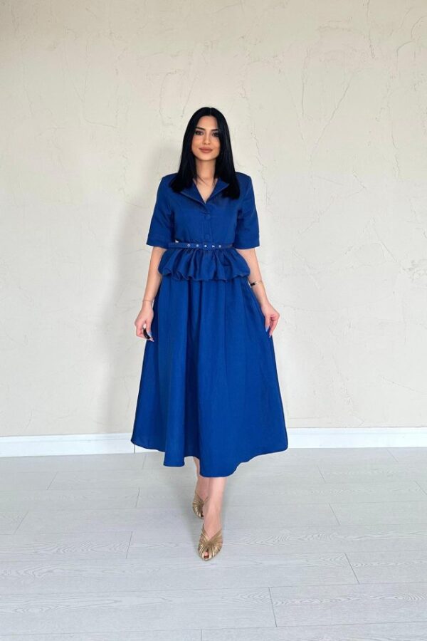 Bej İnce Kemerli Fırfırlı Ceket Ve Büzgülü Etek Takım