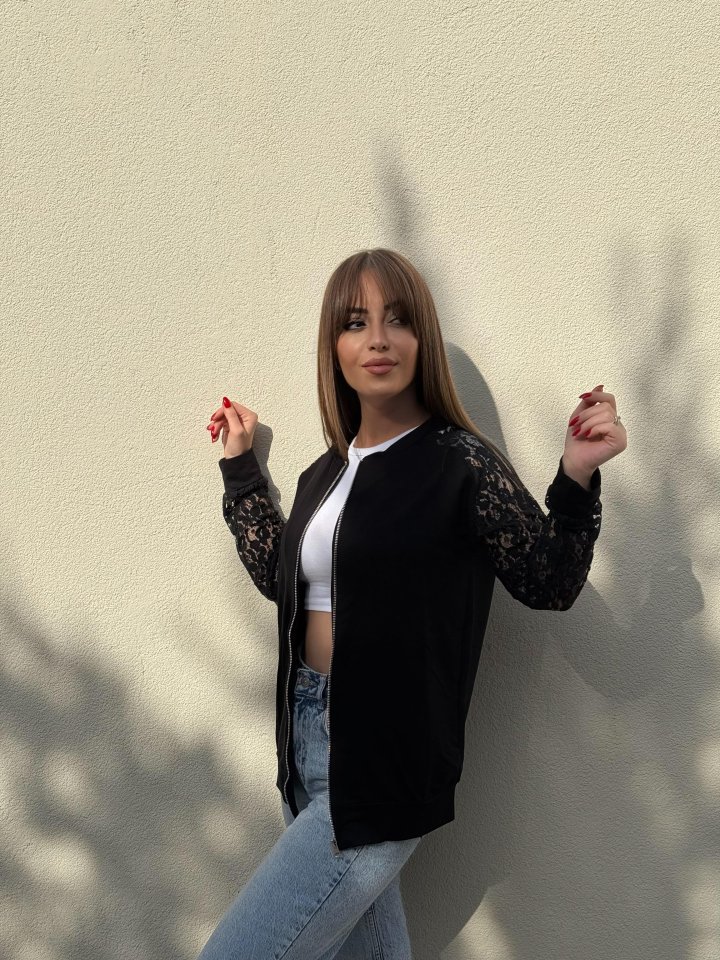 Kadın Uzun Kollu Kolları Dantel Detay önden Fermuarlı Viskon Iki Iplik Ceket - Görsel 2