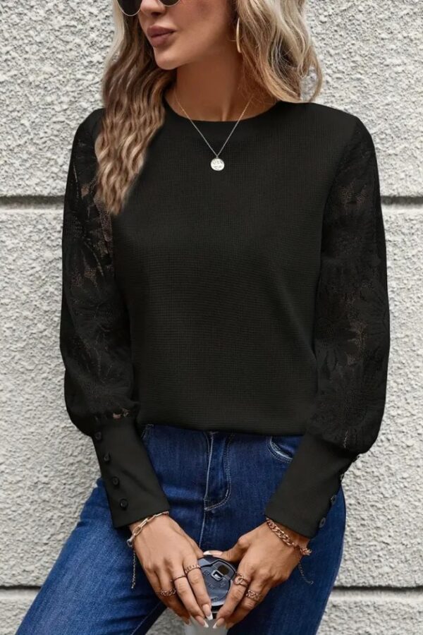Kadın Uzun Kollu Bisiklet Yaka Kolları çiçekli Waffle Bluz
