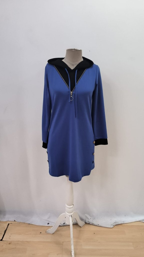 Kadın Uzun Kollu Kapşonlu önden Fermuarlı Düğmeli Mini Iki Iplik Elbise - Görsel 4