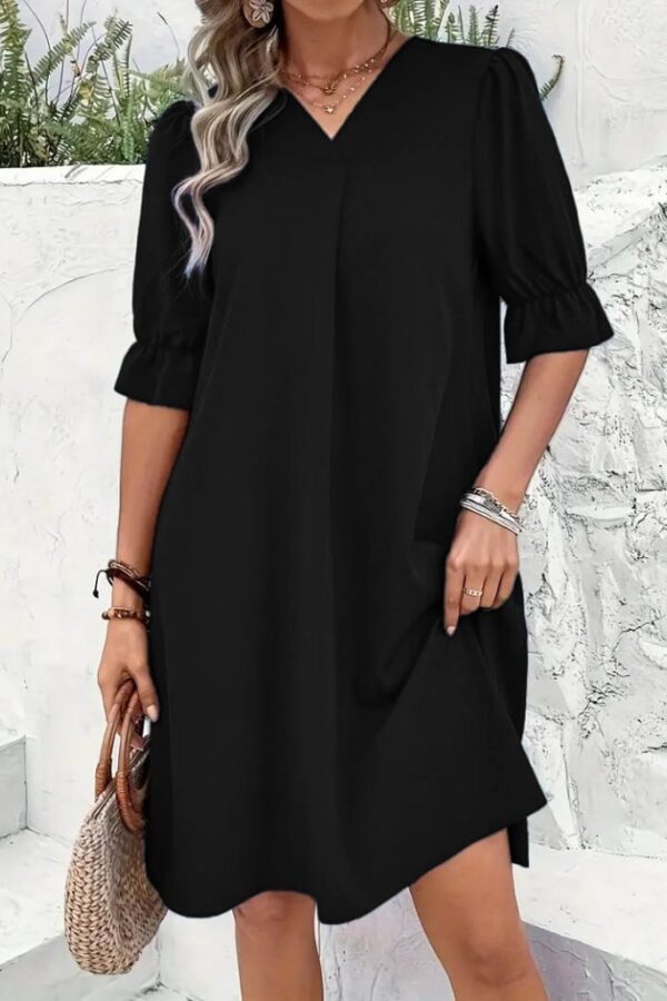 Kadın Kısa Kollu V Yakalı Salaş Janjan Krep Elbise