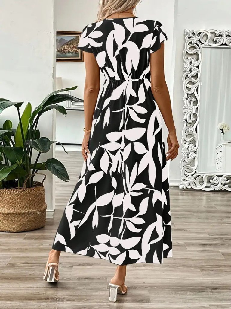 Kadın Kısa Kelebek Kollu Kruvaze Yaka Desenli Süprem Elbise - Görsel 9