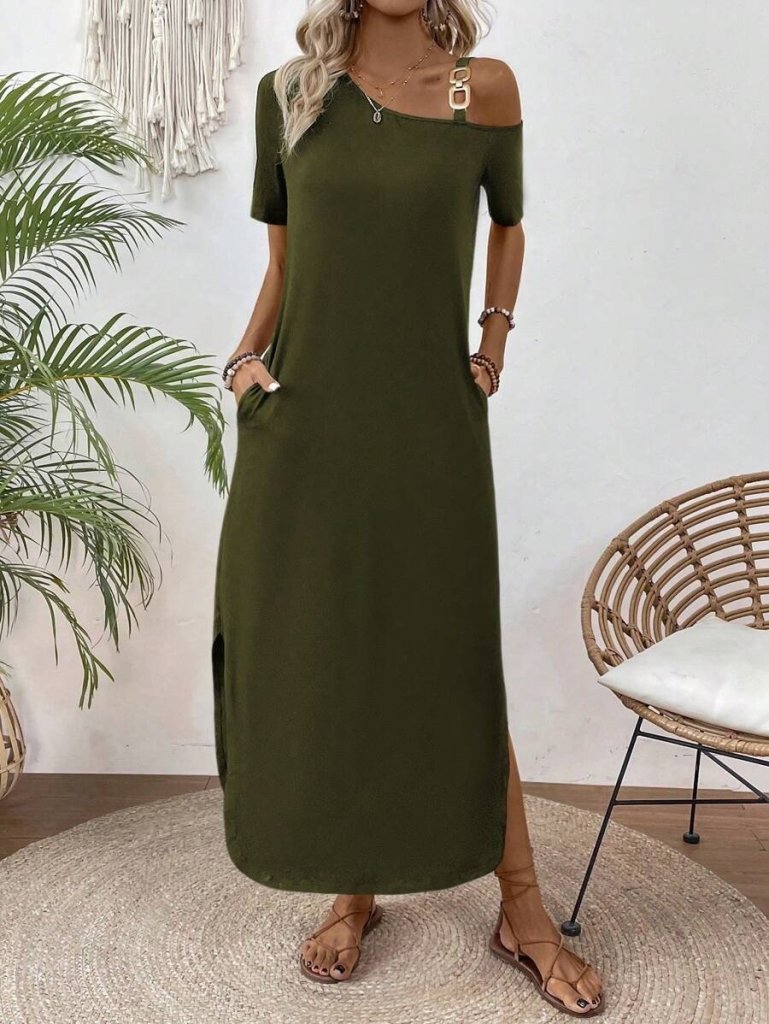 Kadın Tek Omuzdan Açık Toka Detaylı Yandan Yırtmaçlı Maksi Boy Viskon Elbise - Görsel 13