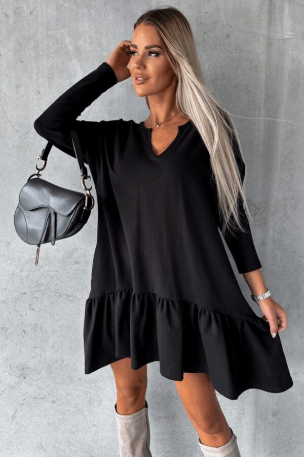 Kadın Uzun Kollu V Yaka Eteği Büzgülü Kloş Iki Iplik Mini Boy Elbise