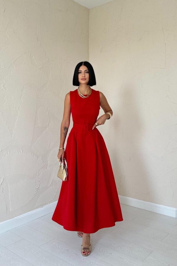 Kırmızı Halter Yaka Kloş Elbise