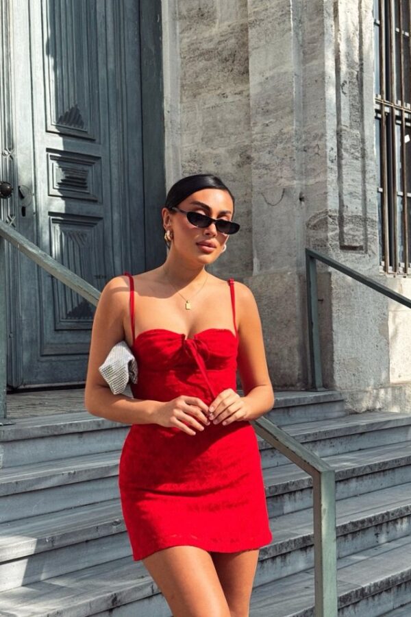 Kadın Omuz Askılı File Kumaş Likralı Mini Elbise