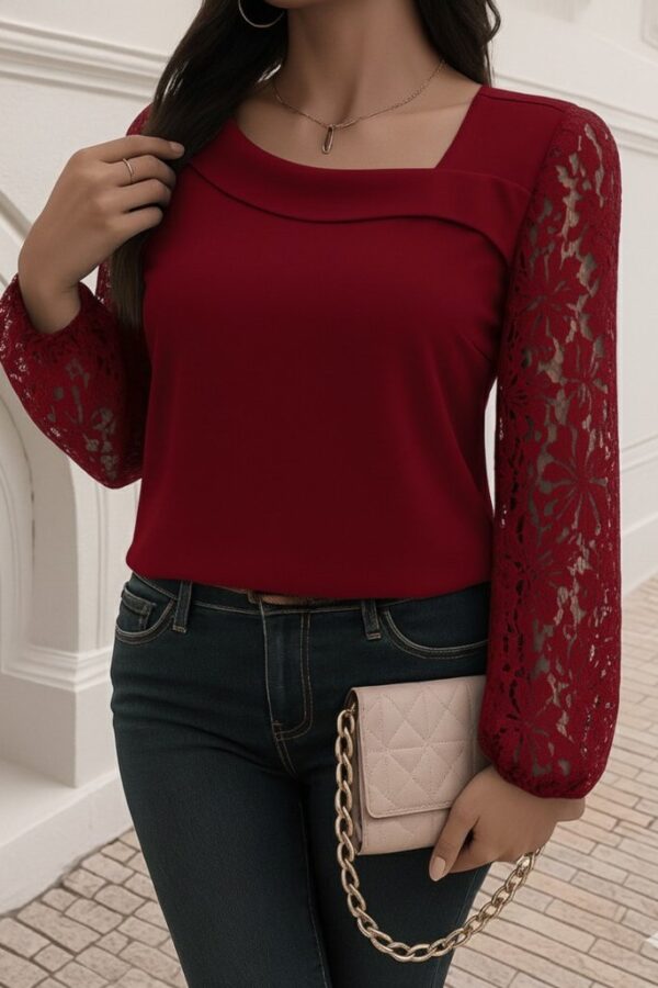 Kadın Uzun Kollu Asimetrik Yakalı Dantelli Ithal Krep Bluz