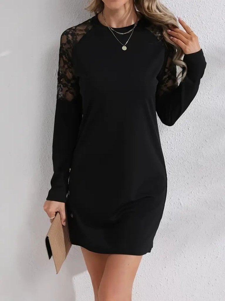 Kadın Uzun Kollu Bisiklet Yaka Dantel Detaylı Visk8n Iki Iplik Düğmeli Mini Elbise - Görsel 3