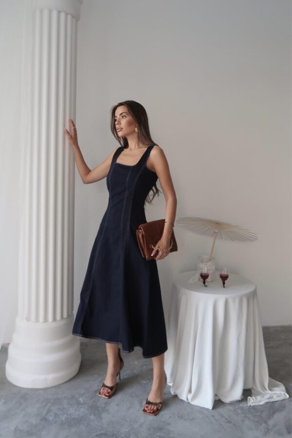 Lacivert Çift Dikişli Gabardin Elbise