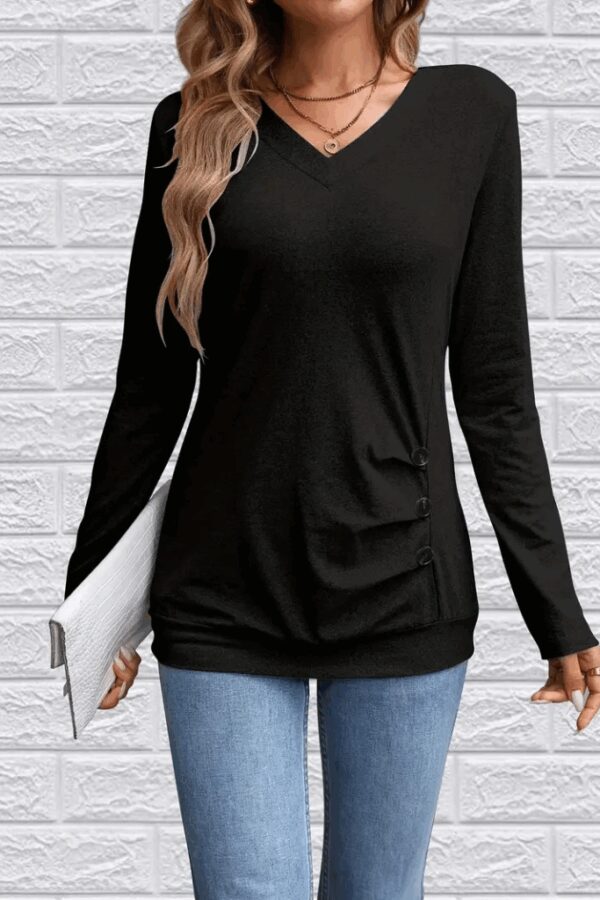 Kadın Uzun Kollu V Yakalı Yandan Düğme Detay Yün Viskon Bluz