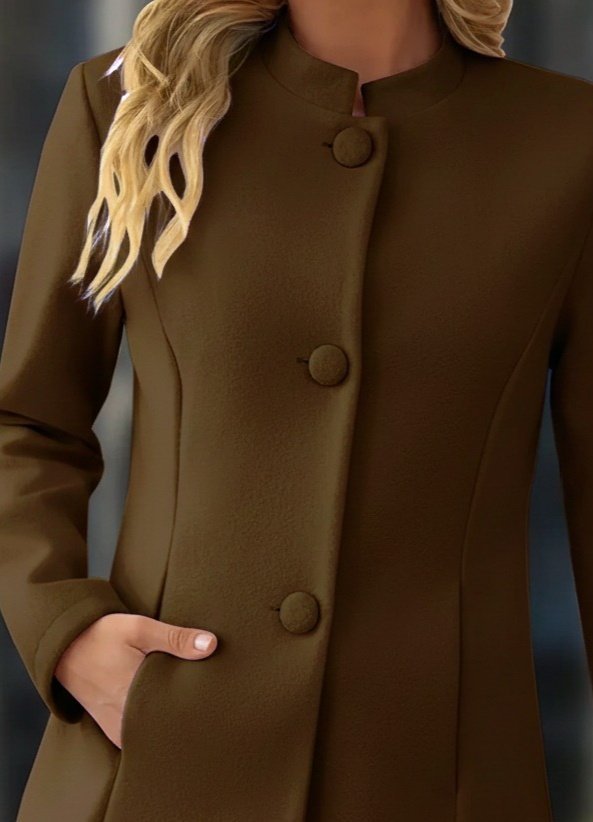 Kadın Uzun Kollu Hakim Yakalı önden Düğmeli Cep Detaylı Kısa Taba Kaşe Kaban - Görsel 2