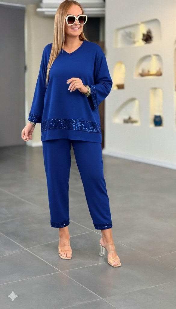 Kadın Uzun Kollu V Yakalı Pulpayet Viskon Iki Iplik Bluz Ve Pantolon Takım - Görsel 9