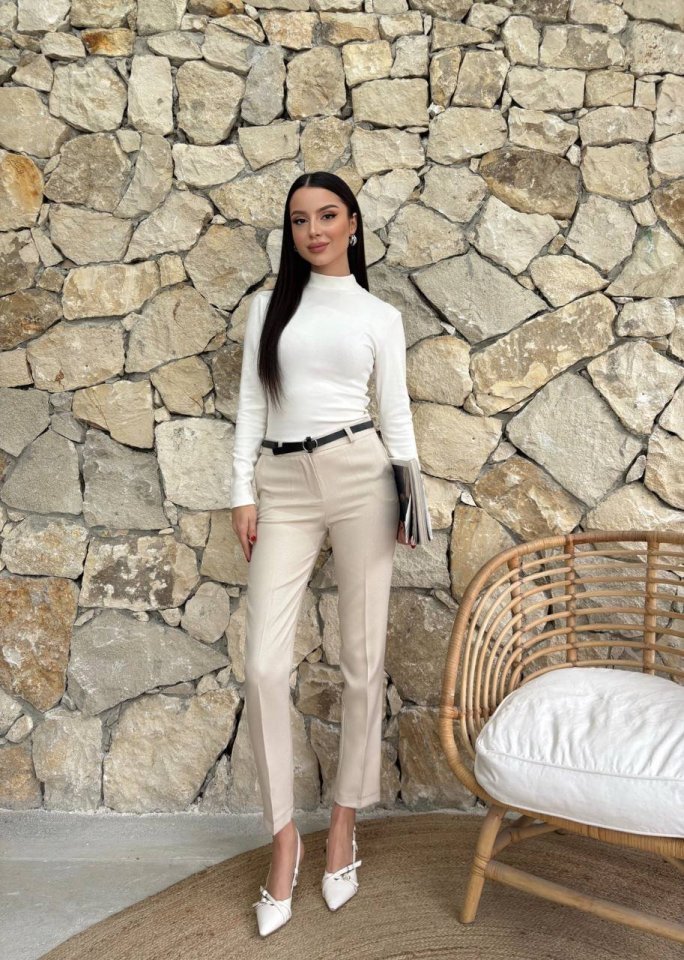 Kadın Yüksek Bel Dar Paça Kemer Dahil Kumaş Pantolon - Görsel 2