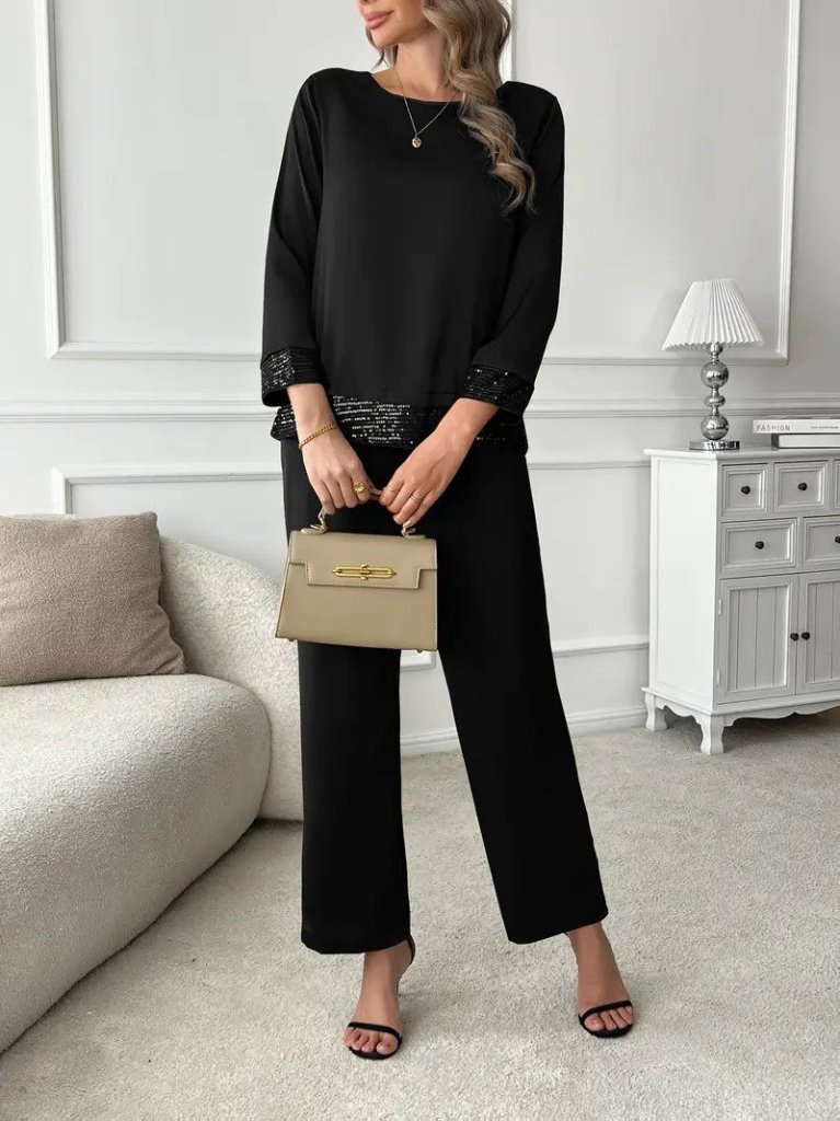 Kadın Uzun Kollu Bisiklet Yaka Pulpayetli Viskon Iki Iplik Bluz Ve Pantolon Ikili Takım - Görsel 7