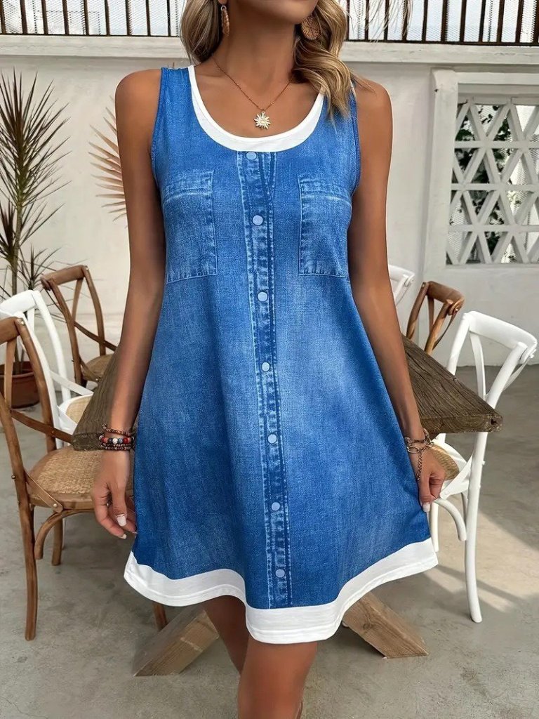 Kadın Askılı Yuvarlak Yakalı Kot Görünümlü Kısa Süprem Elbise - Görsel 2