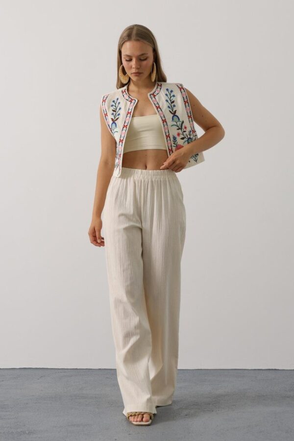 Nakışlı Yelek Pantolon Takım - Natür
