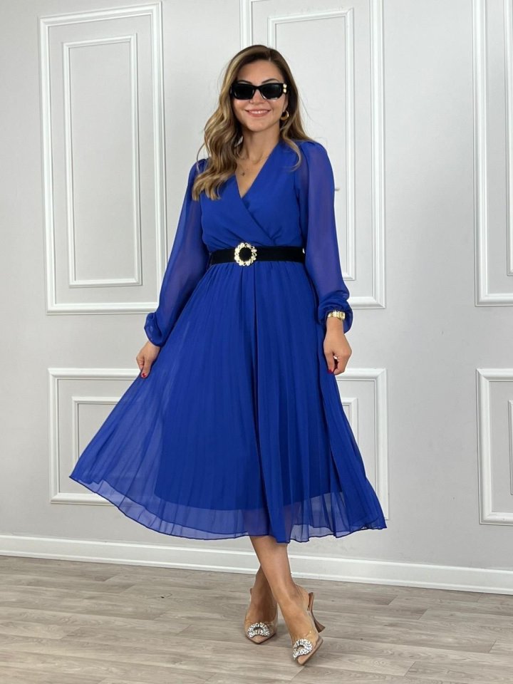 Kadın şifon Kumaş Astalı Kloş Kesim Kruvaze Yaka Midi Boy Elbise - Görsel 8