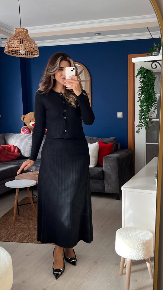 Kadın Uzun Kollu önden Düğmeli Bluz Ve Yüksek Bel A Kesim Uzun Etek şardonlu Kaşkorse Ikili Takım - Görsel 6