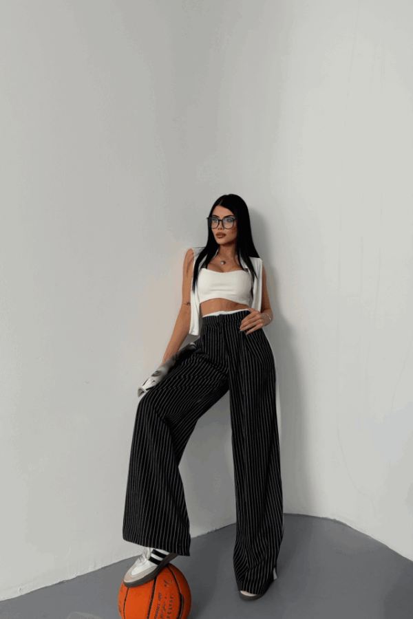 ÇİZGİLİ YANLAR ŞERİT DETAYLI PANTOLON - Siyah