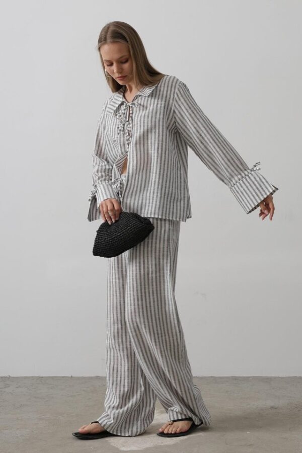 Çzgili Bağlamalı Pantolon Takım - Pembe