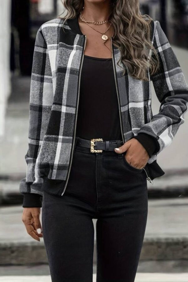 Kadın Uzun Kollu önden Fermuarlı Ekose Desenli Ceket