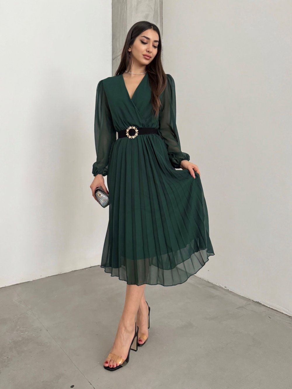 Kadın şifon Kumaş Astalı Kloş Kesim Kruvaze Yaka Midi Boy Elbise - Görsel 9