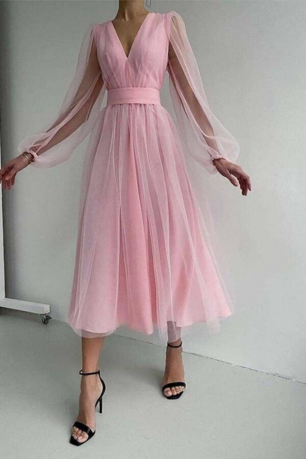 Kadın V Yaka Midi Boy Astarlı Tül Elbise