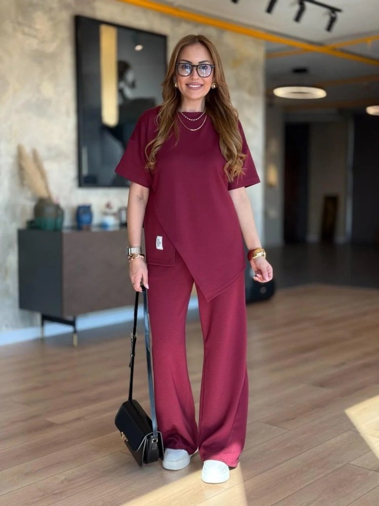 Kadın Kısa Kollu Bisiklet Yaka Asimetrik Viskon Iki Iplik Bluz Ve Pantolon Ikili Takım - Görsel 10