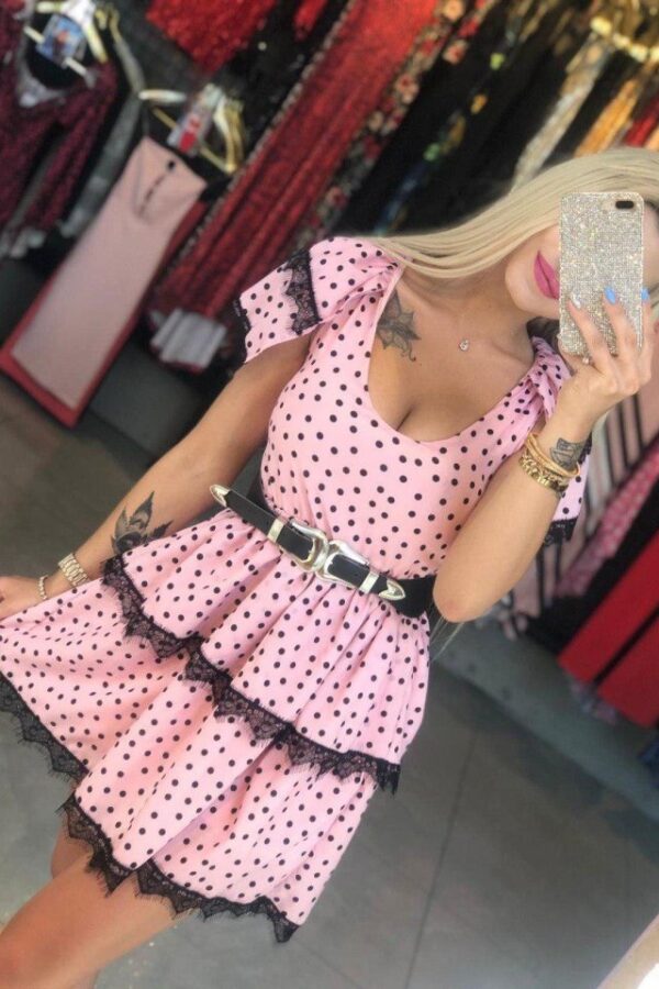 Kadın Derin Göğüs Dekolteli Puantiye Ve Dantel Detay Fırsat ürün Elbise