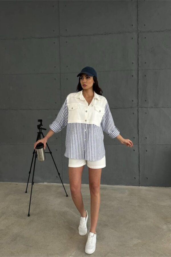 GABARDİN ŞORT - GABARDİN - ÇİZGİLİ KETEN GARNİLİ CEKET TAKIM - Lacivert