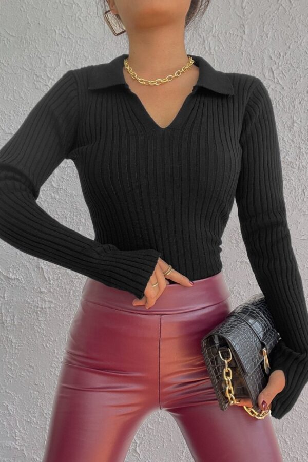 Kadın Siyah Polo Yaka Parmak Detay Triko Bluz 2047