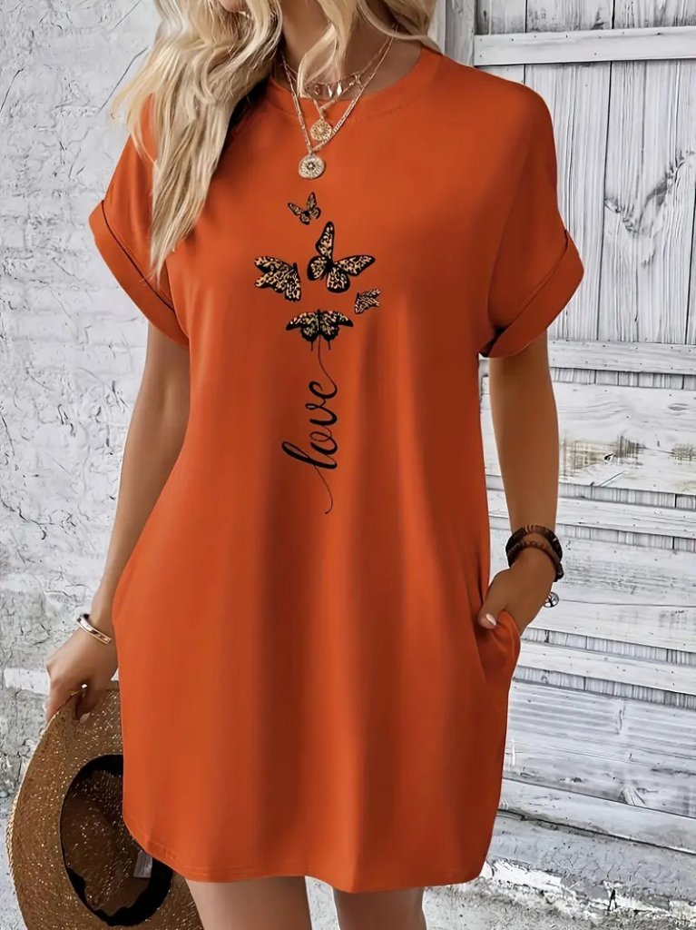 Kadın Kısa Kollu Bisiklet Yaka Cepli Kelebek Baskılı Viskon Elbise - Görsel 5