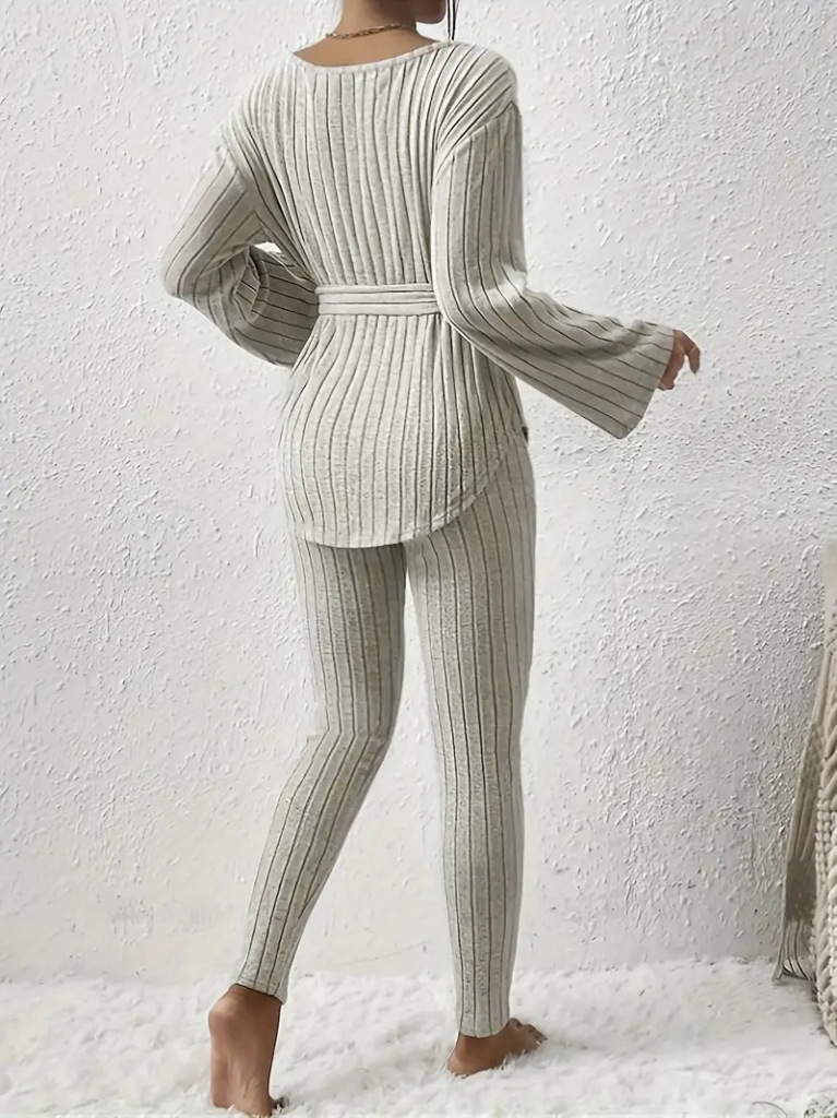 Kadın Uzun Kollu Tek Omuzu Açık Belden Kuşaklı şardonlu Kaşkorse Bluz Ve Tayt Pantolon - Görsel 5