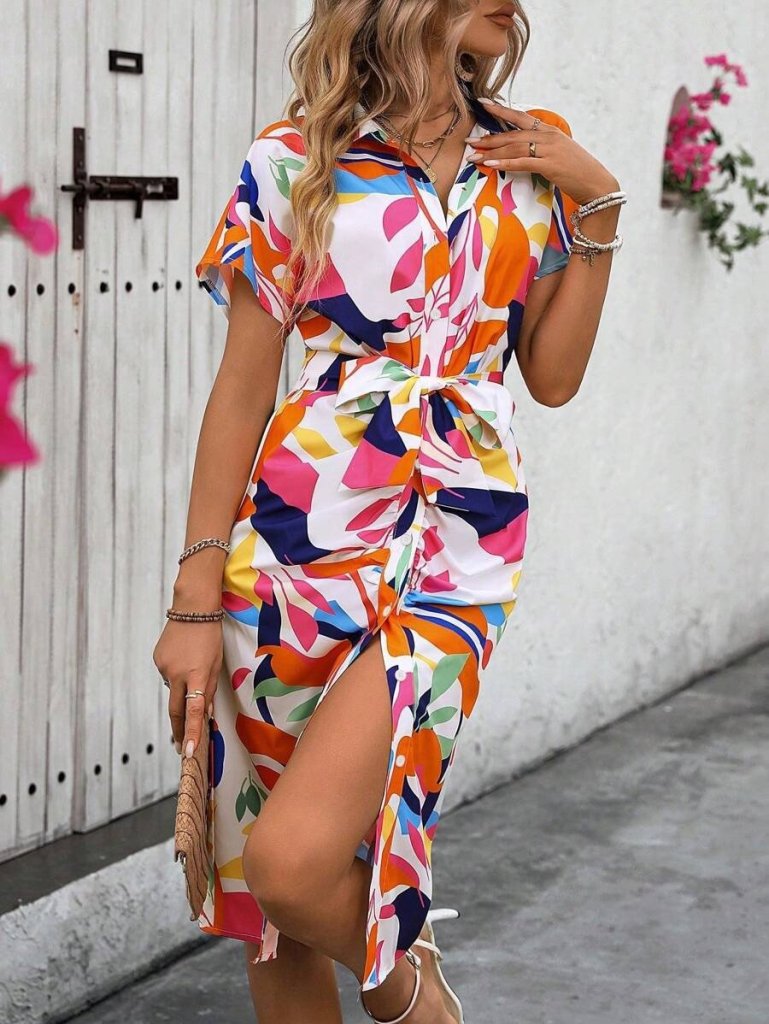 Kadın Kısa Kollu Yakalı önü Düğmeli önden Drapeli Desenli Süprem Elbise - Görsel 6