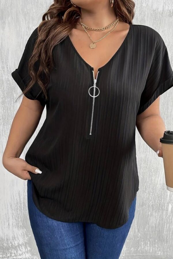 Kadın Kısa Kollu V Yakalı önden Fermuarlı Salaş Bluz