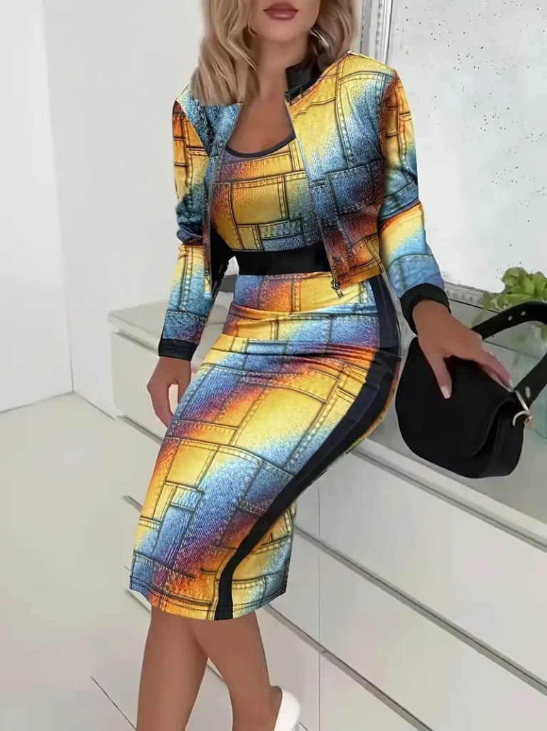 Kadın Uzun Kollu Askılı Yuvarlak Yaka Desenli Dalgıç Bluz Ceket Ve Etek üçlü Takım - Görsel 5