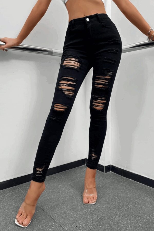 Kadın Yüksek Bel Slim Fit Lazer Kesim Yırtık Pantolon