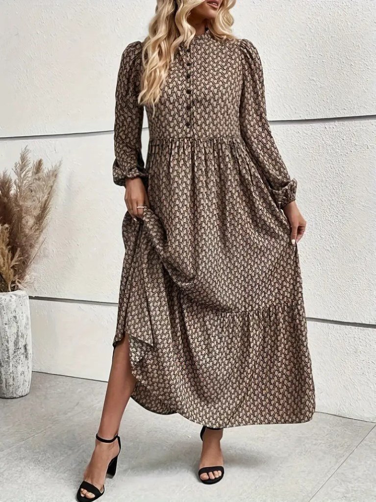 Kadın Uzun Kollu Hakim Yakalı Düğmeli Kemersiz Desenli Maxi Süprem Elbise - Görsel 5