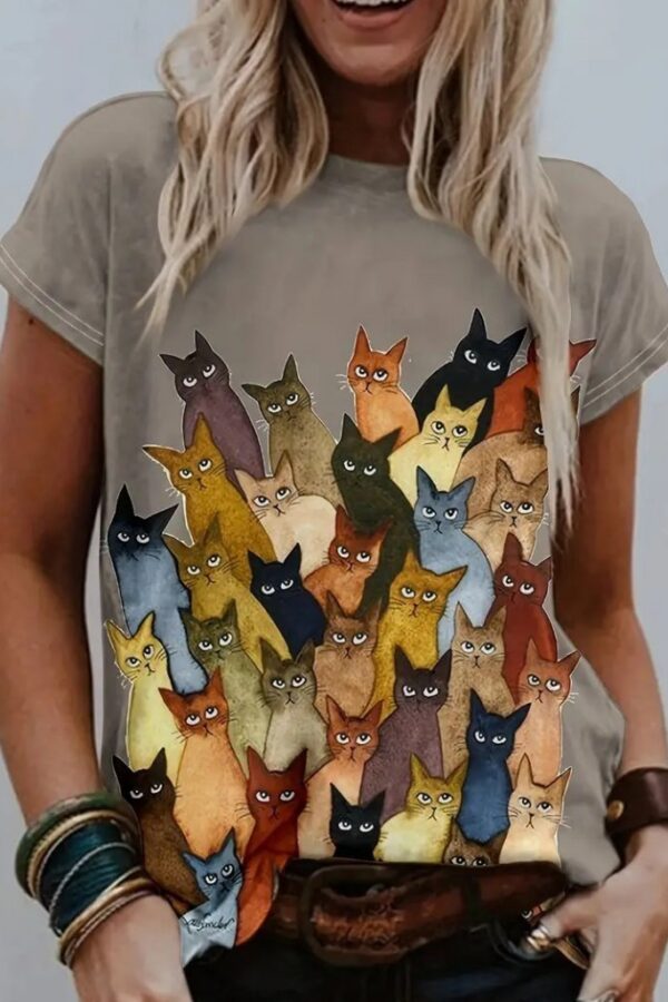 Kadın Kısa Kollu Bisiklet Yaka Kedi Desenli Süprem Bluz