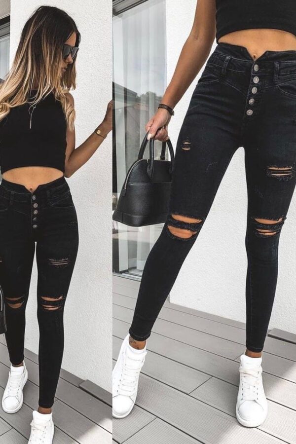 5 Düğmeli V Detay Bel Yırtık Kot